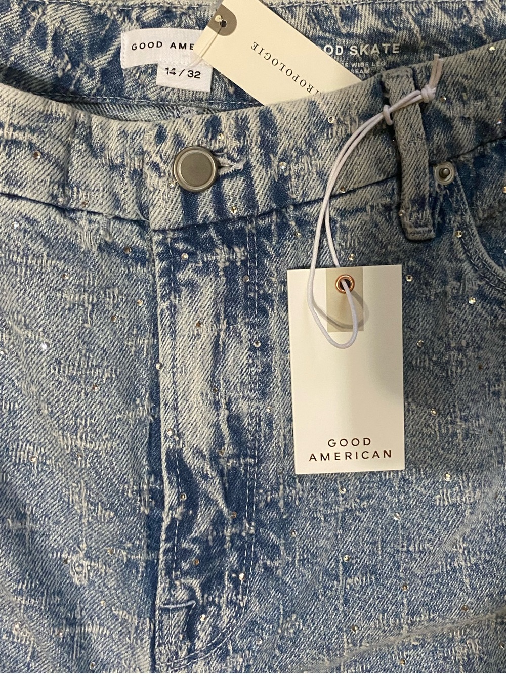 Good American Good Skate Mid Ris Wide Leg Jeans With Rhinestones Size 14 NEW - Picture 13 of 16